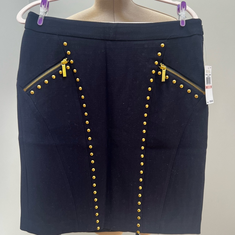 NWT Michael Kors Navy Pencil Skirt with Gold Studs 10